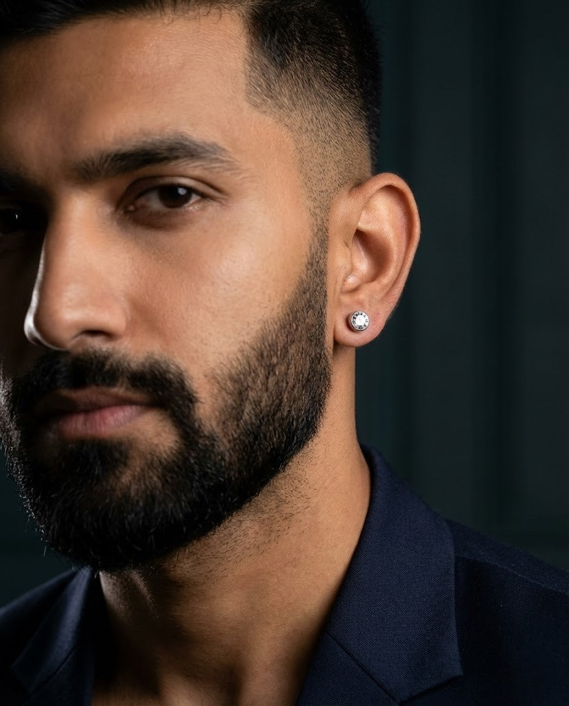 Noble Round Bezel Studded Men's Earring (Single Piece)