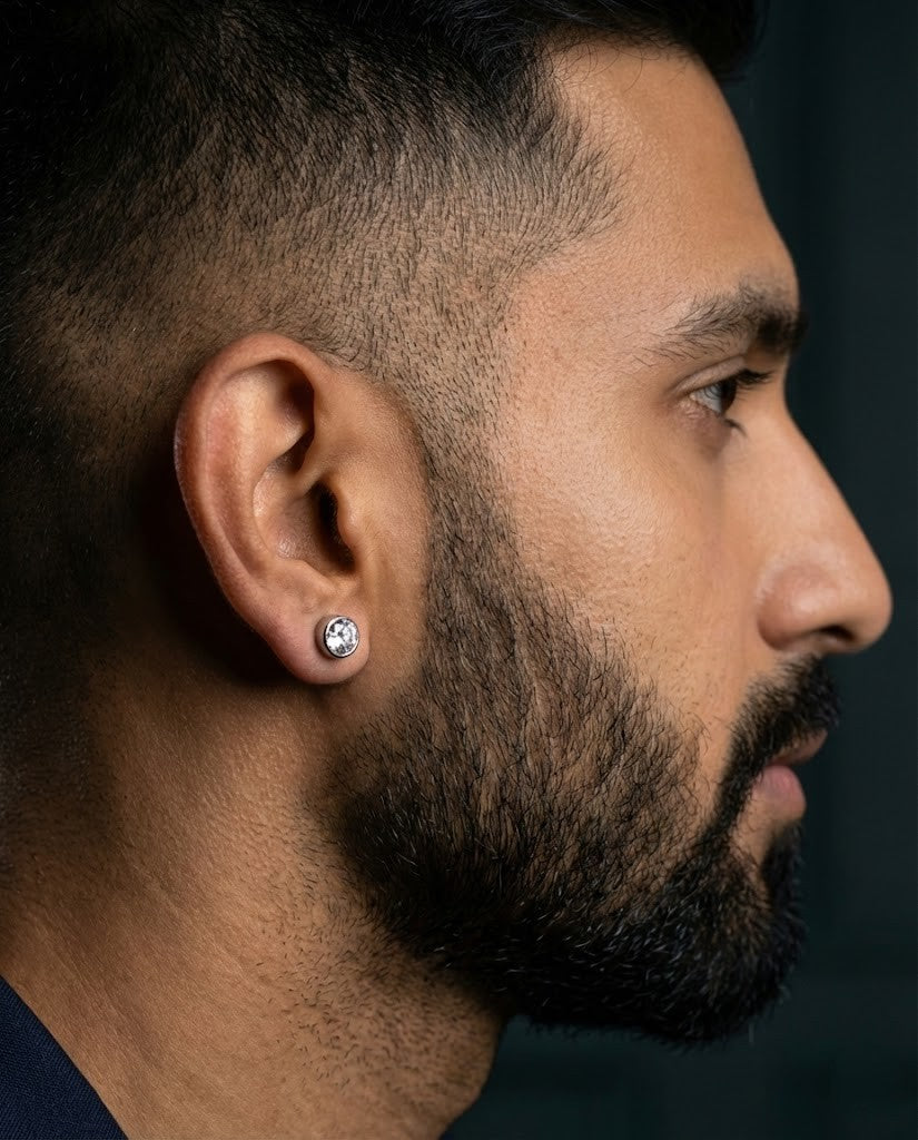 Noble Round Bezel Studded Men's Earring (Single Piece)