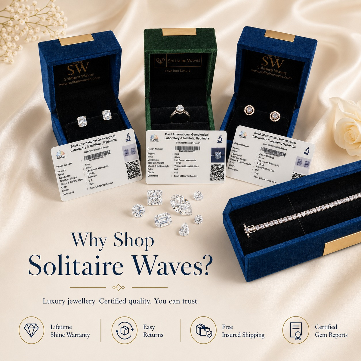 Why Shop Solitaire Waves trust image with certified quality, warranty, returns, insured shipping and gem reports